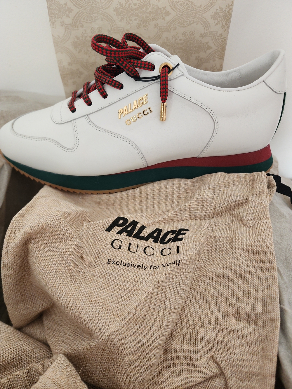 Gucci White Leather Sneaker with Red & Green Web Stripe